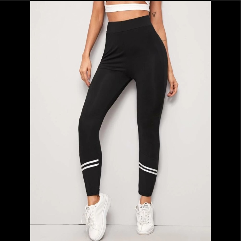 Black W/White Trim High Waist Workout Yoga Running Athletic Legging